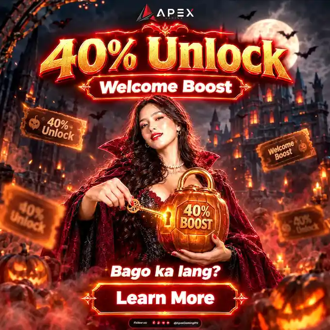 ApexGaming 40% Welcome Boost promotional graphic featuring a woman holding a glowing bonus lock, with Halloween-themed decorations and a Learn More button.