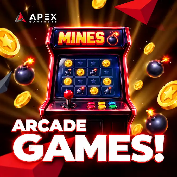 ApexGaming arcade game providers promotional graphic featuring a Mines arcade machine with gold coins, bombs, and a grid of hidden rewards against a red and gold background.