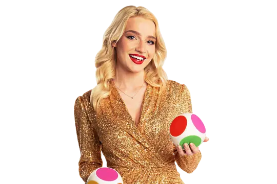 Evolution live casino promotional image featuring a smiling blonde woman in a gold sequin outfit holding colorful casino balls.