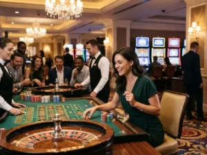 Beautiful woman smiling while holding casino chips at Apex Hub.