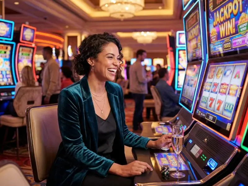 Woman enjoying bright casino slot machines at Apex Hub.