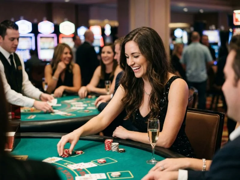 Woman enjoying casino nightlife with friends at Apex Hub.