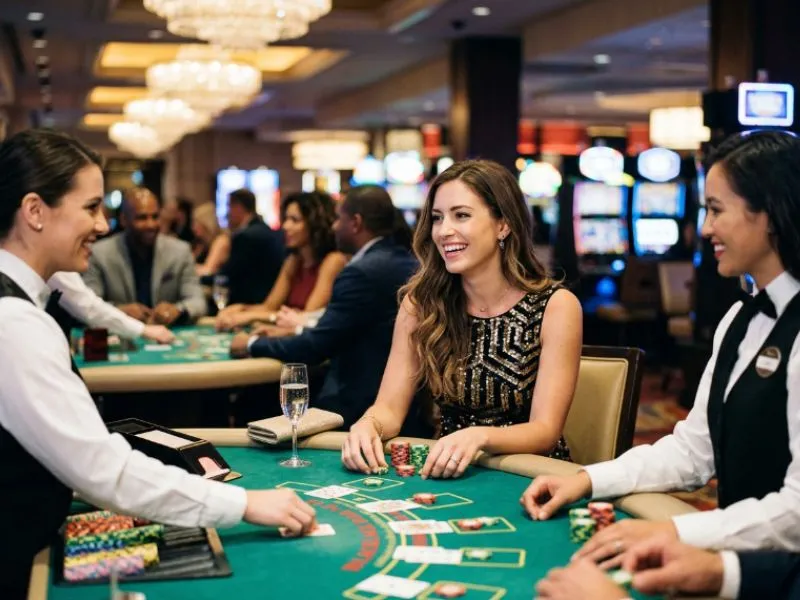 Woman sitting at a glamorous casino table at Apex Hub.