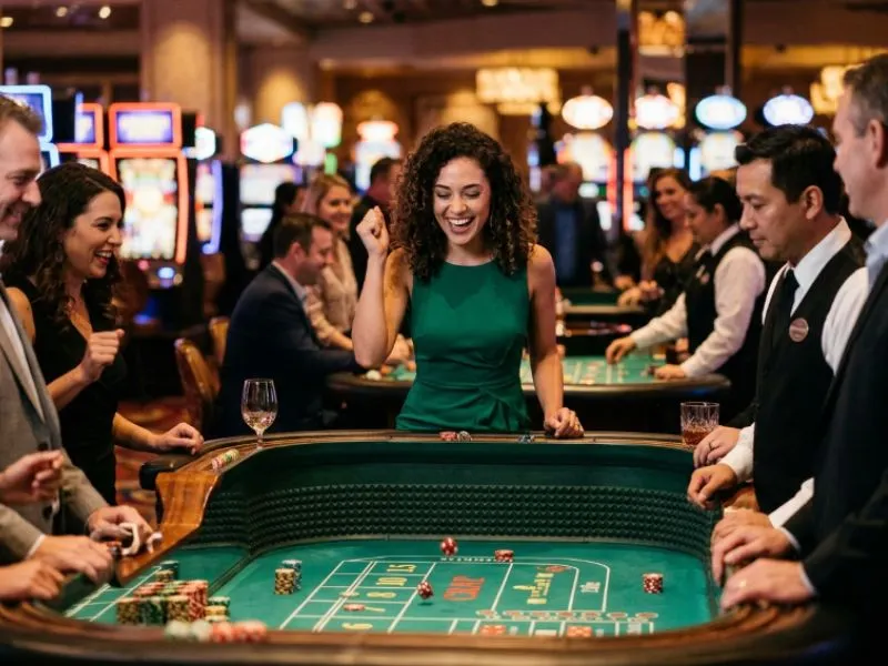 Confident woman laughing with friends at an Apex online casino table.