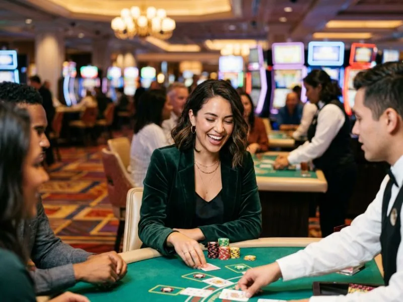 Woman holding winning cards at a casino table at Apex online casino.