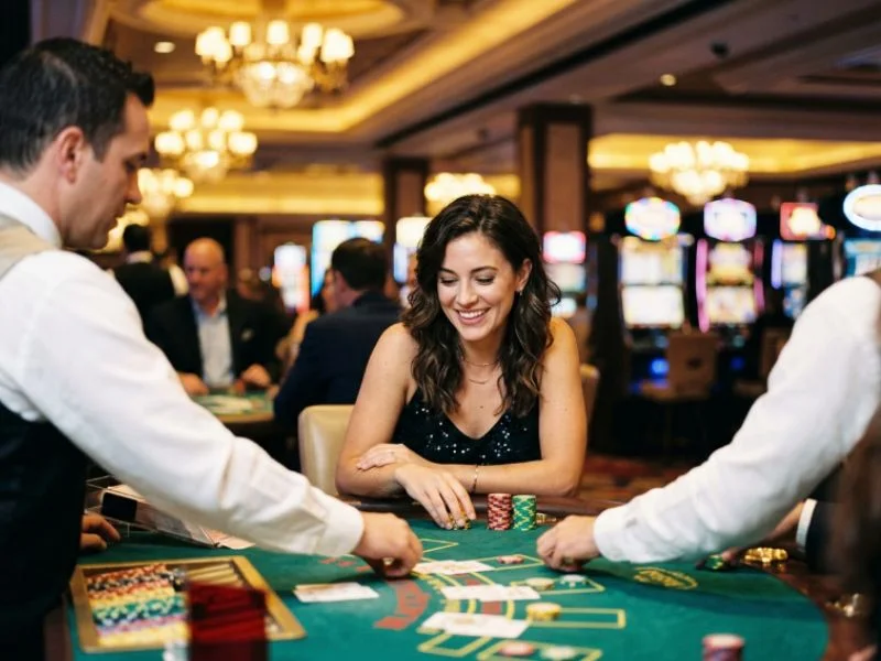 Woman watching the dealer at a blackjack table at Apex online casino.