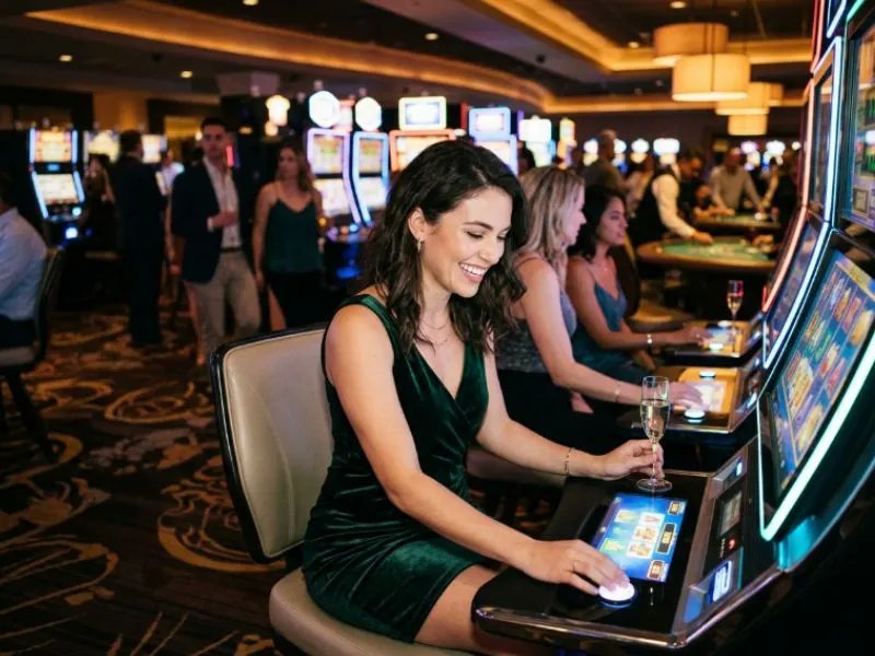 Fashionable woman enjoying casino entertainment at Bingo Bonanza Philippines.
