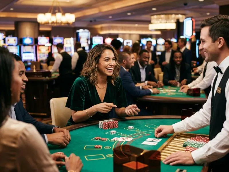 Woman enjoying a fun blackjack night, highlighting bingo patterns Philippines.