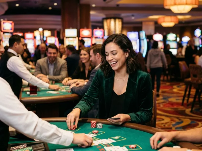 Woman playing cards under luxurious casino lights, representing bingo patterns Philippines.