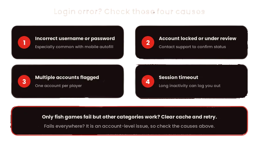 ApexGame fish games troubleshooting guide explaining four common login errors: incorrect username or password, locked or reviewed accounts, flagged multiple accounts, and session timeouts.